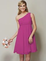 A-Line Charming One Shoulder Sleeveless Sash/Ribbon/Belt Short Chiffon Bridesmaid Dresses