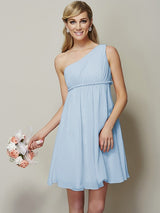 A-Line Charming One Shoulder Sleeveless Sash/Ribbon/Belt Short Chiffon Bridesmaid Dresses