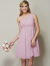 A-Line Charming One Shoulder Sleeveless Sash/Ribbon/Belt Short Chiffon Bridesmaid Dresses