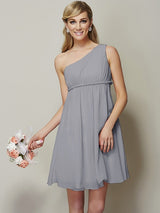 A-Line Charming One Shoulder Sleeveless Sash/Ribbon/Belt Short Chiffon Bridesmaid Dresses