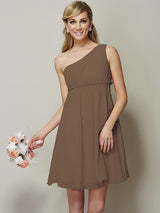 A-Line Charming One Shoulder Sleeveless Sash/Ribbon/Belt Short Chiffon Bridesmaid Dresses