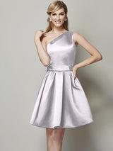 A-Line Charming One Shoulder Sleeveless Short Satin Bridesmaid Dresses