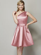 A-Line Charming One Shoulder Sleeveless Short Satin Bridesmaid Dresses