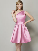 A-Line Charming One Shoulder Sleeveless Short Satin Bridesmaid Dresses