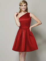 A-Line Charming One Shoulder Sleeveless Short Satin Bridesmaid Dresses