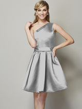 A-Line Charming One Shoulder Sleeveless Short Satin Bridesmaid Dresses