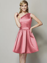 A-Line Charming One Shoulder Sleeveless Short Satin Bridesmaid Dresses