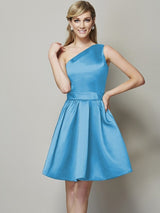 A-Line Charming One Shoulder Sleeveless Short Satin Bridesmaid Dresses