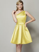 A-Line Charming One Shoulder Sleeveless Short Satin Bridesmaid Dresses