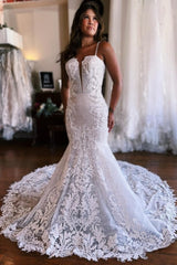 Classy Sleeveless Spaghetti Straps Floor Length Mermaid Wedding Dresses-stylesnuggle