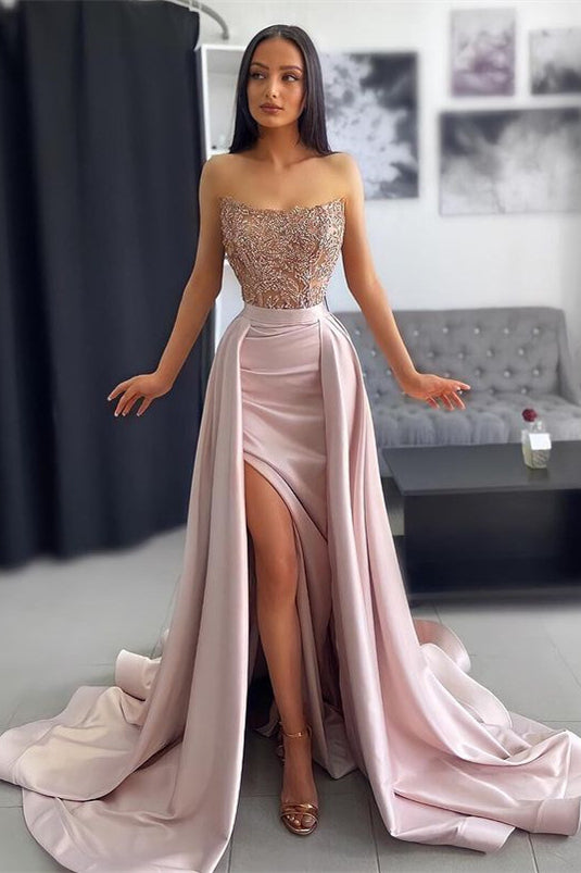 Classy Strapless Dusty Pink Prom Dress Mermaid Slit With Lace Appliques-stylesnuggle