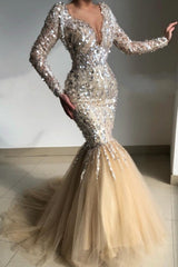 Classy V-Neck Long-Sleeve Mermaid Evening Dresses With Sequins-stylesnuggle