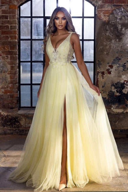 Classy V-Neck Yellow Sleeveless Prom Dresses Long On Sale-stylesnuggle