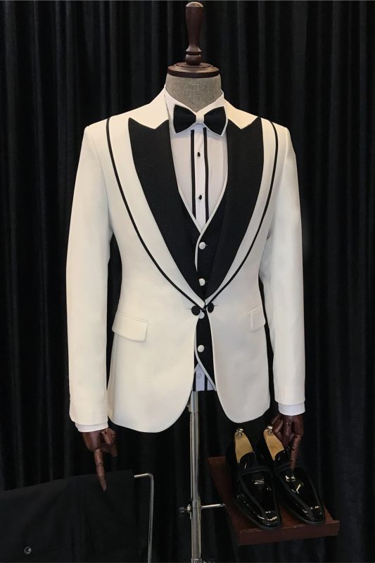 Classy White Three Pieces Black Laple Prom Suit Men Suit Online-stylesnuggle