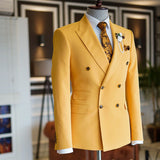 Classy Yellow Peaked Lapel Double Breasted Tailored Prom Suits-stylesnuggle