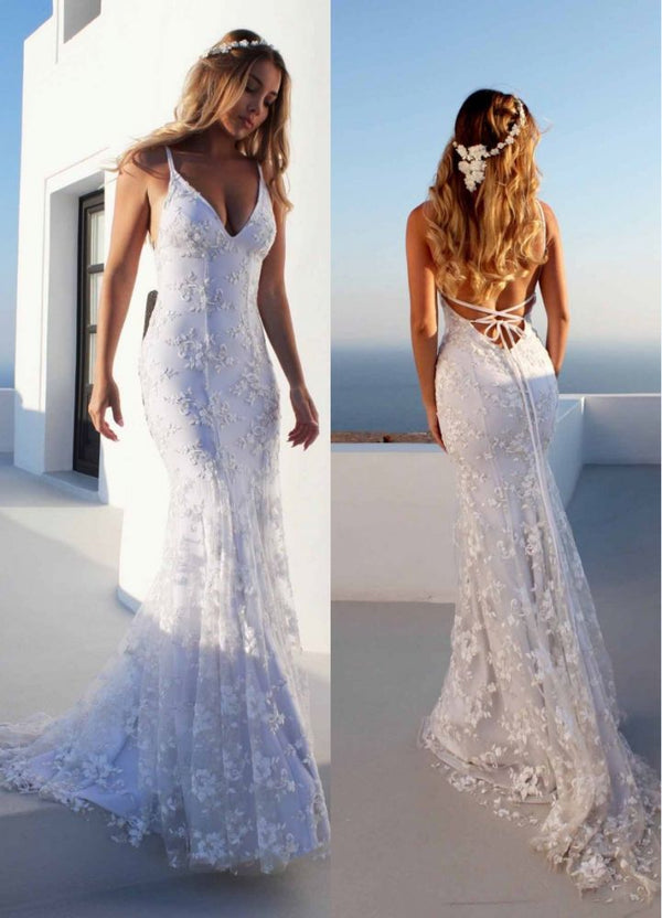 stylesnuggle offers new Cloth-fitting Floor Length Lace V-neck Spaghetti Open Back Prom Dresses Party Gowns With Lace Up at cheap prices. It is a gorgeous Column Prom Dresses, Evening Dresses in Lace,  which meets all your requirement.