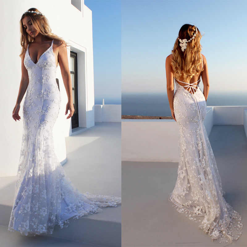 stylesnuggle offers new Cloth-fitting Floor Length Lace V-neck Spaghetti Open Back Prom Dresses Party Gowns With Lace Up at cheap prices. It is a gorgeous Column Prom Dresses, Evening Dresses in Lace,  which meets all your requirement.