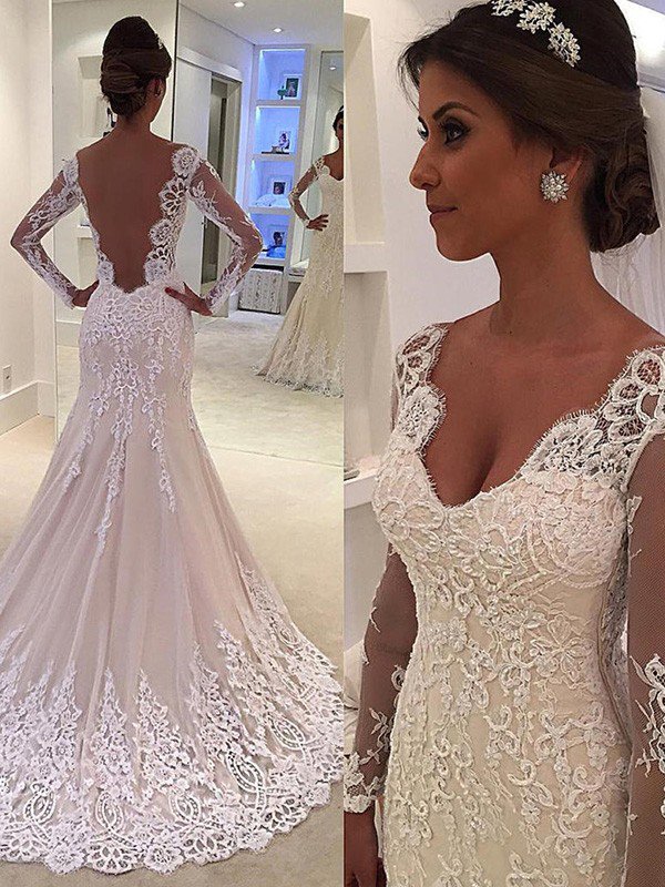 Check this Court Train Mermaid V-neck Lace Long Sleevess Wedding Dresses at stylesnuggle.com, this dress will make your guests say wow. The V-neck bodice is thoughtfully lined, and the skirt with to provide the airy, flatter look of Lace.