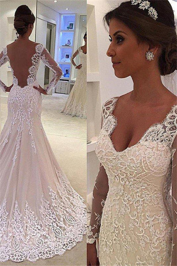 Court Train Mermaid V neck Lace Long Sleevess Wedding Dresses-stylesnuggle