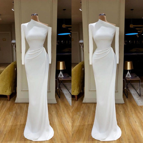 Creamy White Unique neck Long sleeves Mermaid Evening Dress-stylesnuggle