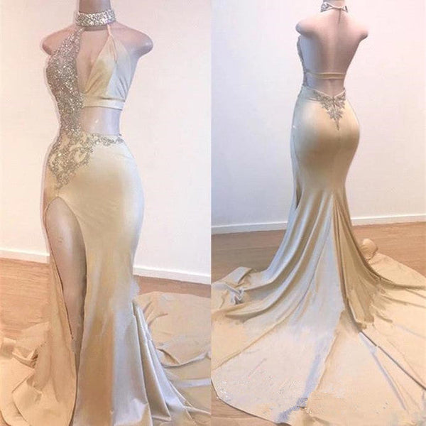 Still not know where to get your event dresses online? stylesnuggle offer you new arrival Crystal Halter Side Slit Prom Dresses A-Line Backless Sleeveless Evening Dresses at factory price,  fast delivery worldwide.