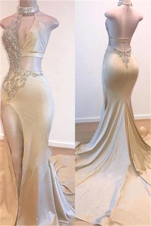 Crystal Halter Side Slit Prom Dresses A-Line Backless Sleeveless Evening Dresses-stylesnuggle