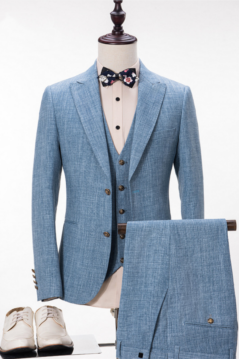 This Custom design Blue Linen Suit For Wedding, Peak Lapel Summer Groom and Groomsmen Suits at stylesnuggle comes in all sizes for prom, wedding and business. Shop an amazing selection of Peaked Lapel Single Breasted Blue mens suits in cheap price.