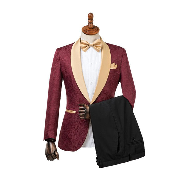 Shop Custom design Burgundy Slim Fit Jacquard Wedding Suit for Men from stylesnuggles. Free shipping available. View our full collection of Burgundy Shawl Lapel wedding suits available in different colors with affordable price.