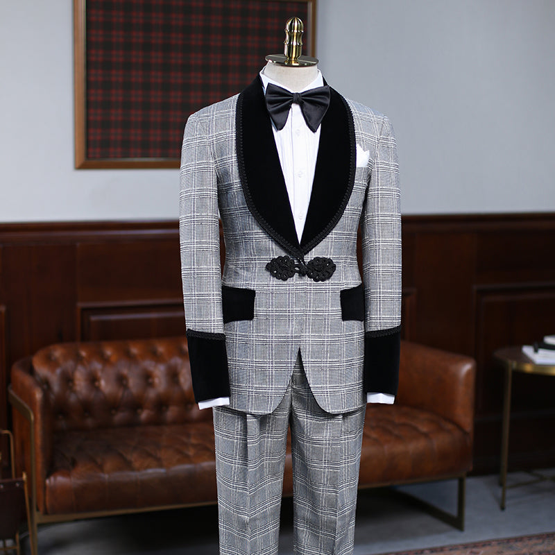 Looking for the best collection of Custom design Gray Plaid Knitted Button Wedding Suit For Grooms with affordable price Shop Gray Shawl Lapel Men blazers at stylesnuggle with free shipping available.