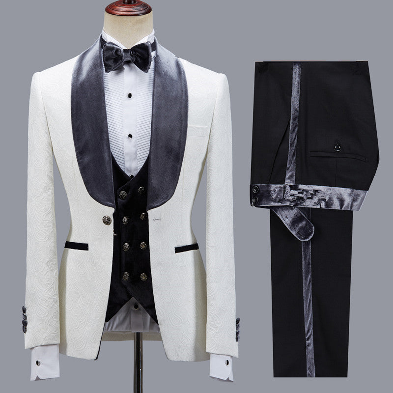 stylesnuggle is your ultimate source for Custom design Jacquard Slim Fit Shawl Lapel Wedding Men Suits. Our White Shawl Lapel wedding groom Men Suits come in Bespoke styles &amp; colors with high quality and free shipping.