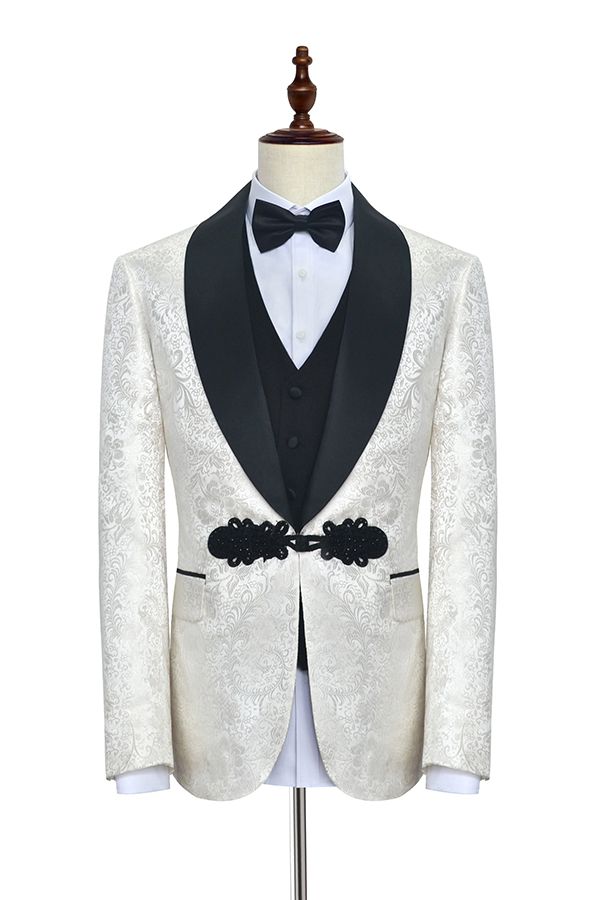 This Custom design Knitted Button Black Shawl Lapel Three Piece White Jacquard Wedding Tuxedo for Men at stylesnuggle comes in all sizes for prom, wedding and business. Shop an amazing selection of Shawl Lapel Single Breasted White mens suits in cheap price.