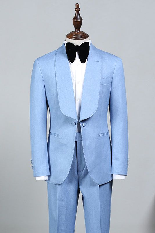 Discover the very best Custom design Sky Blue Bespoke Wedding Suit For Grooms for work,prom and wedding occasions at stylesnuggle. Custom made Pool Shawl Lapel mens suits with high quality.