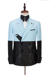 This Custom design Sky Blue Stitching Sparkle Black Peak Lapel Two-piece Men Suit Online at stylesnuggle comes in all sizes for prom, wedding and business. Shop an amazing selection of Peaked Lapel Double Breasted Blue mens suits in cheap price.