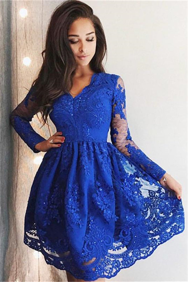 Cute Royal Blue Lace Long Sleeves Homecoming Dress Short Hoco Dresses-stylesnuggle