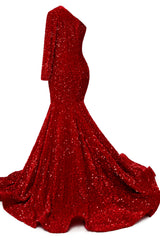 Burgundy Sequin Trumpet Sweep Train Long Sleeve Evening Dress