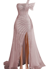 Gorgeous One shoulder Dusty Sage Prom Dress Slit Long With Sequins Beads