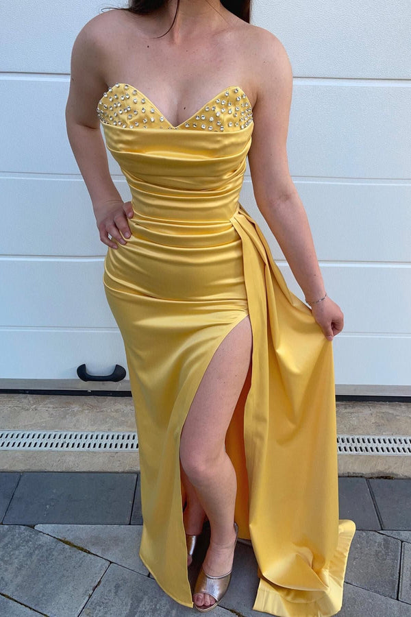 Daffodil Sweetheart Mermaid Prom Dress Slit Long With Beads-stylesnuggle