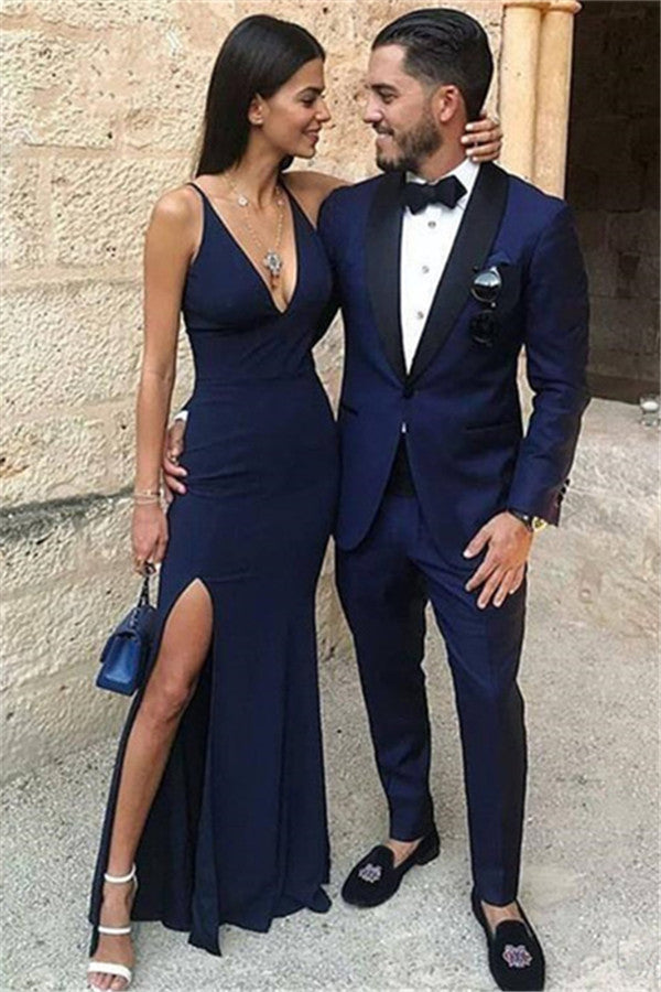 Dark Blue One Button Two-Piece Men's Prom Suits with Black Lapel