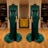 Dark Green Beadings Pearl Long Sleeves Evening Gowns Mermaid Prom Dress With Slit-stylesnuggle