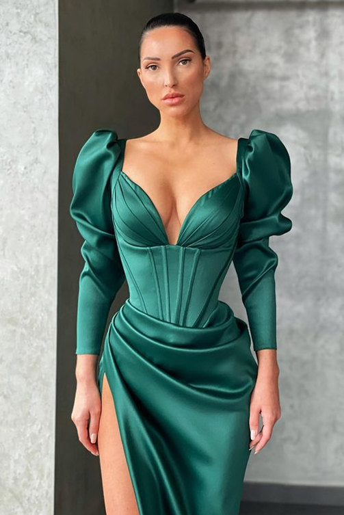 Dark green Bubble sleeves High-split Mermaid Prom Dress-stylesnuggle