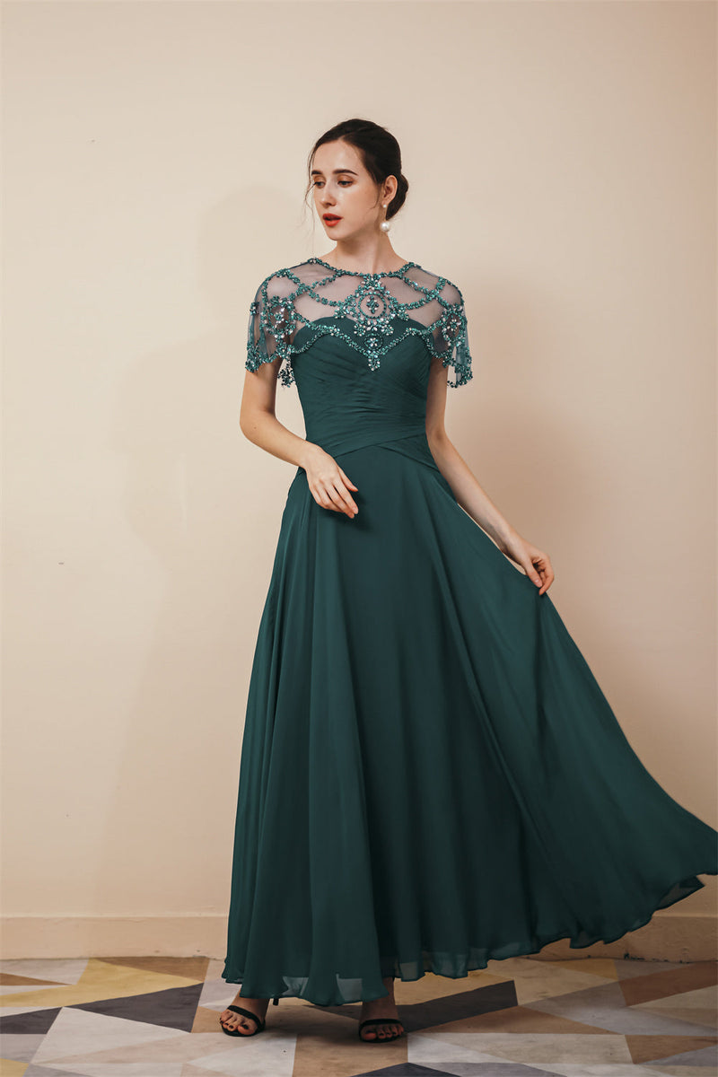 Dark green Chiffon Sparkle Beaded Evening Dress with Cape-stylesnuggle