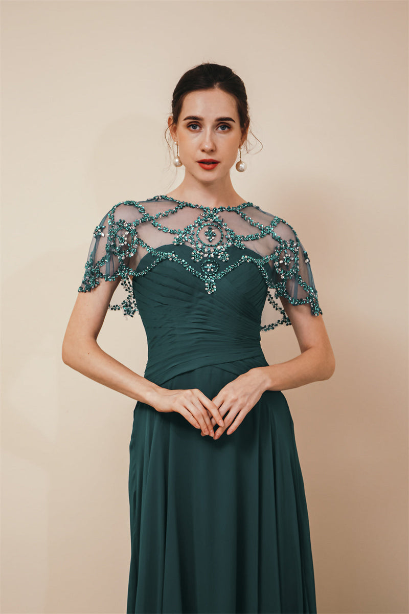 Dark green Chiffon Sparkle Beaded Evening Dress with Cape-stylesnuggle