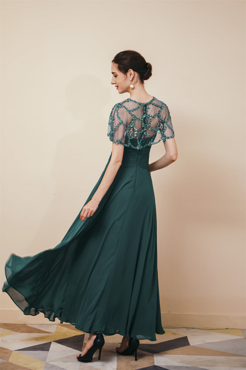 Dark green Chiffon Sparkle Beaded Evening Dress with Cape-stylesnuggle