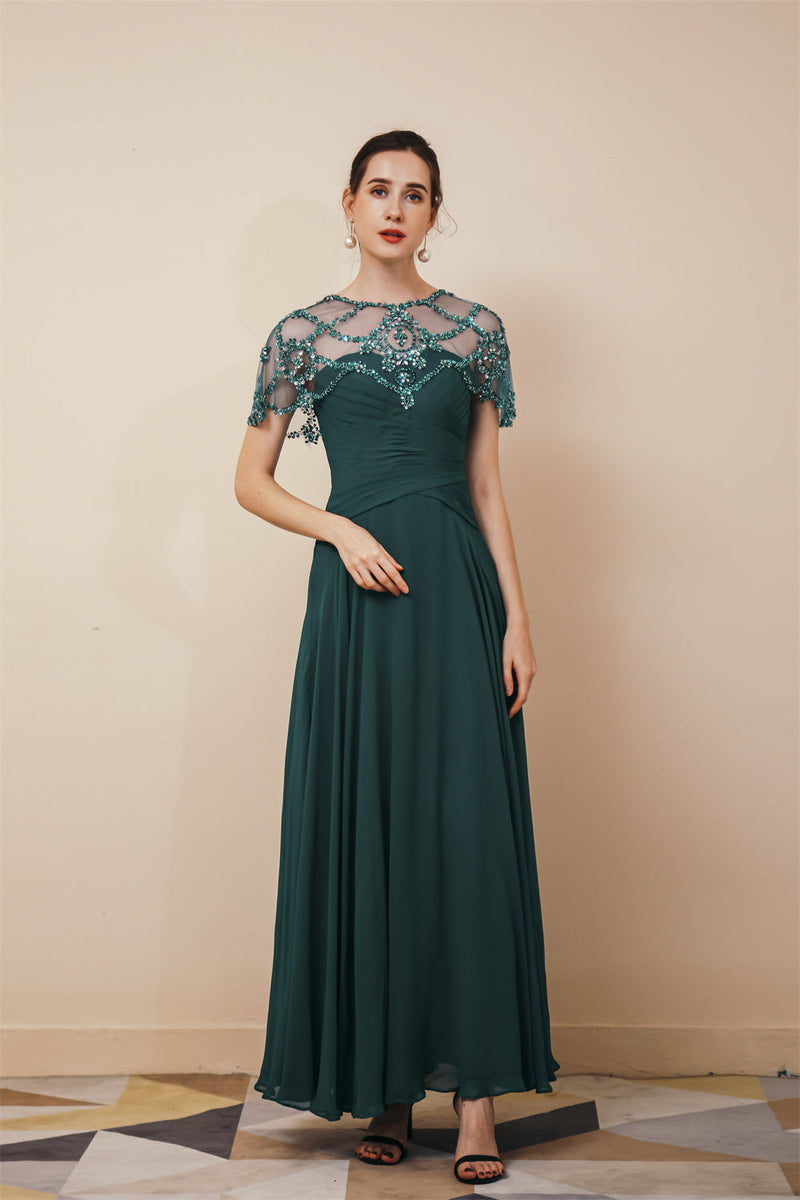 Dark green Chiffon Sparkle Beaded Evening Dress with Cape-stylesnuggle