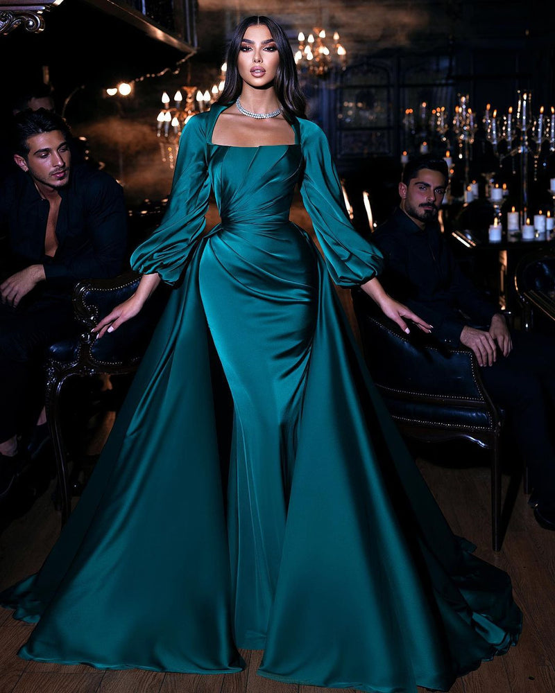 Dark Green Long sleeves Floor length Mermaid Prom Dress with Detachable Train-stylesnuggle