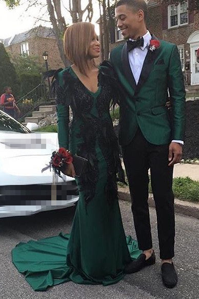 Dark Green Men's Suits for Prom 2 Piece Black Satin Lapel Wedding Tuxedo-stylesnuggle