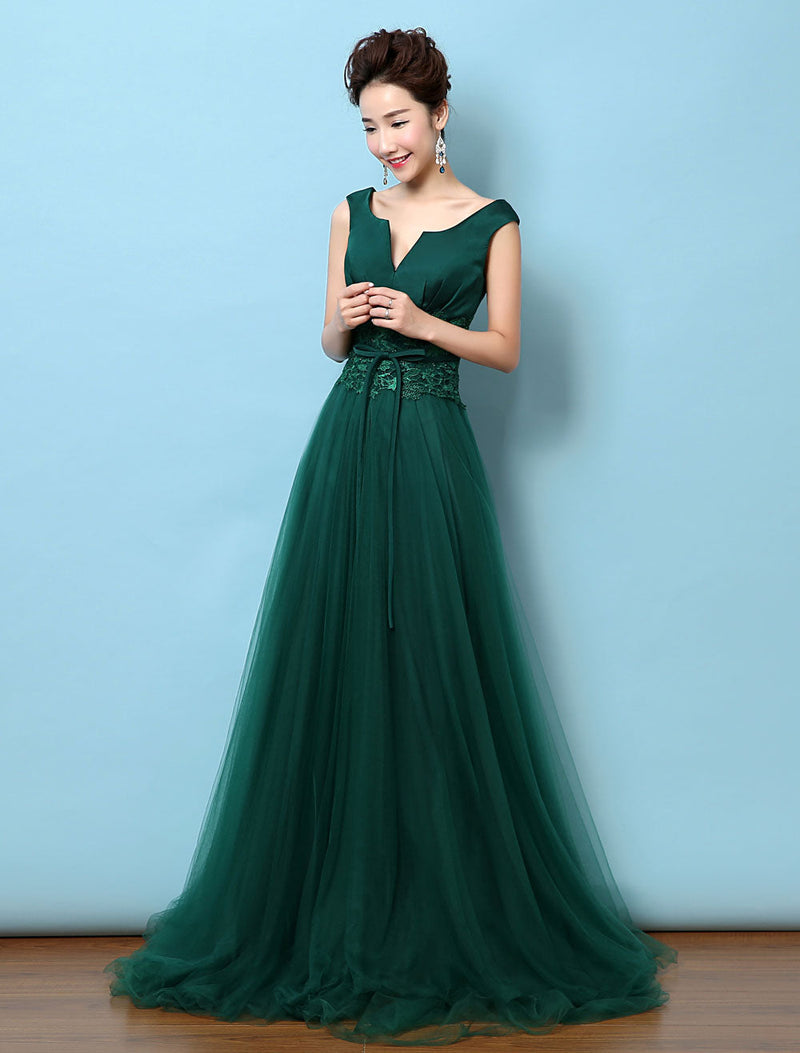 Tulle Evening Dress Backless Mother's Dress Dark Green Notched Neckline Lace Applique Bow Wedding Guest Dresses With Train wedding guest dress