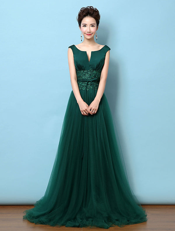 Tulle Evening Dress Backless Mother's Dress Dark Green Notched Neckline Lace Applique Bow Wedding Guest Dresses With Train wedding guest dress