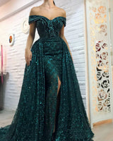 Wanna Prom Dresses, Evening Dresses in Column style,  and delicate Sequined work? stylesnuggle has all covered on this elegant Dark Green Off-the-Shoulder Sparkle Long Evening Dresses Sheath Chic High Split Overskirt Prom Dresses yet cheap price.