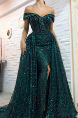 Wanna Prom Dresses, Evening Dresses in Column style,  and delicate Sequined work? stylesnuggle has all covered on this elegant Dark Green Off-the-Shoulder Sparkle Long Evening Dresses Sheath Chic High Split Overskirt Prom Dresses yet cheap price.